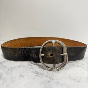 Vintage 70’s rustic heavy duty chunky brown leather big silver buckle belt small